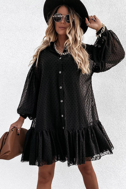 Swiss Dot High Neck Button Front Puff Sleeve Ruffle Hem Babydoll Mini Dress