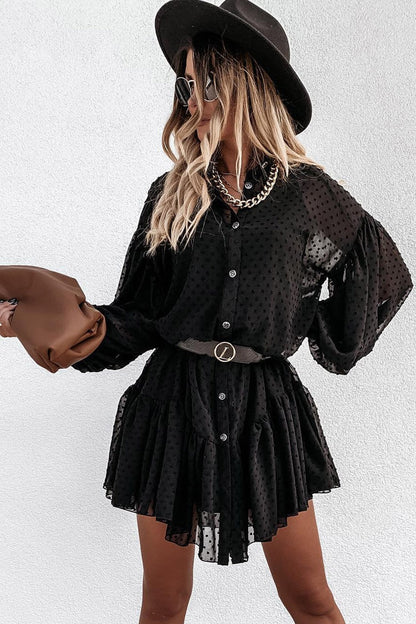 Swiss Dot High Neck Button Front Puff Sleeve Ruffle Hem Babydoll Mini Dress