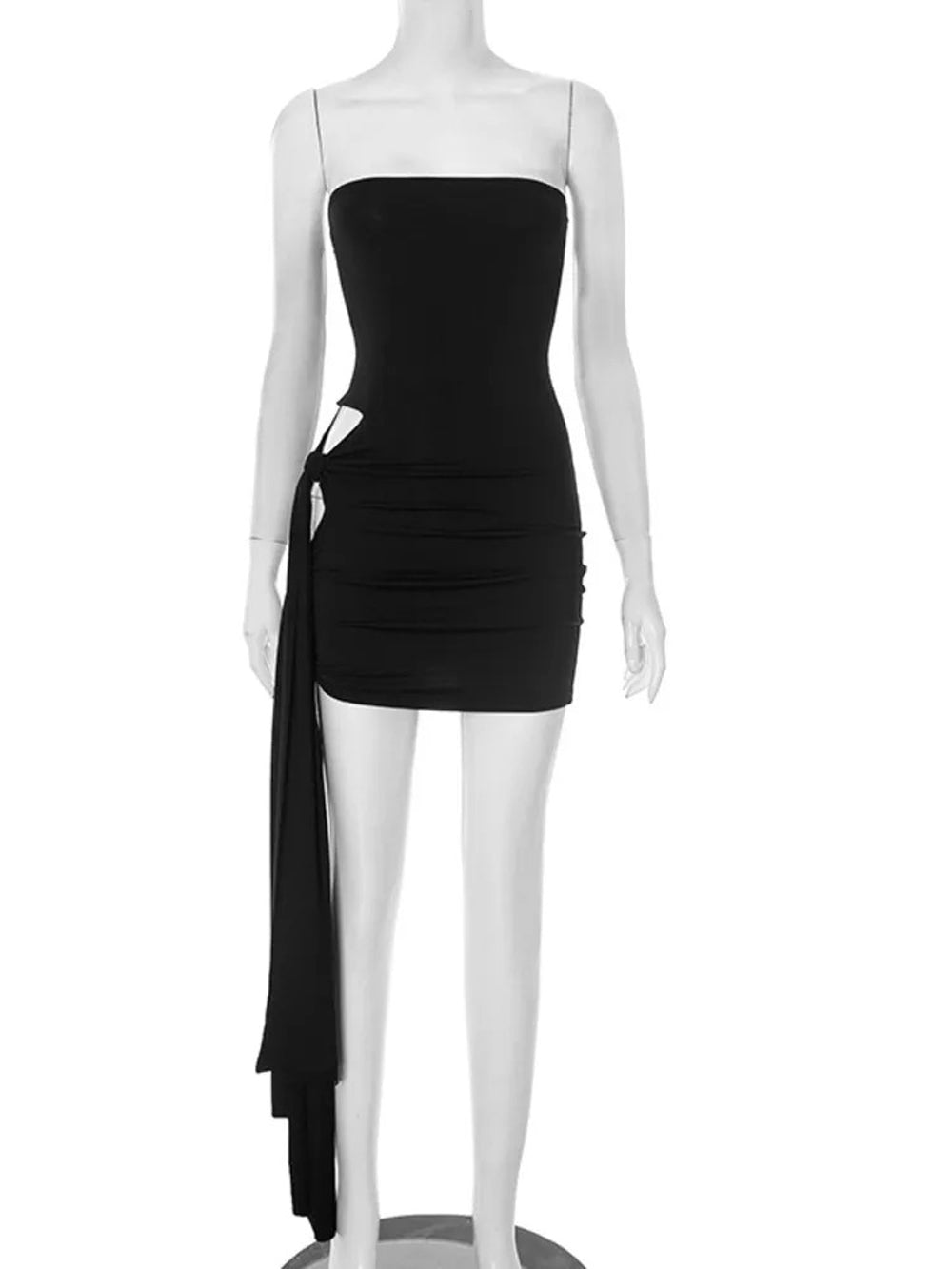 Strapless Waist Cut Out Knotted Sash Streamer Bodycon Mini Dress