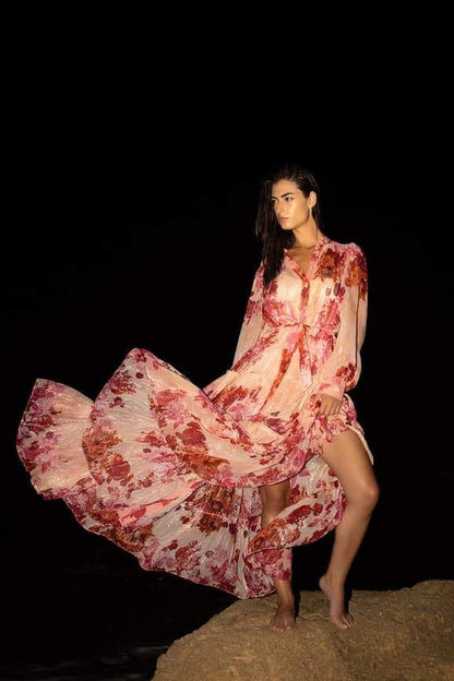 Shimmer Floral Print Mandarin Collar Long Sleeve Tiered Maxi Dress