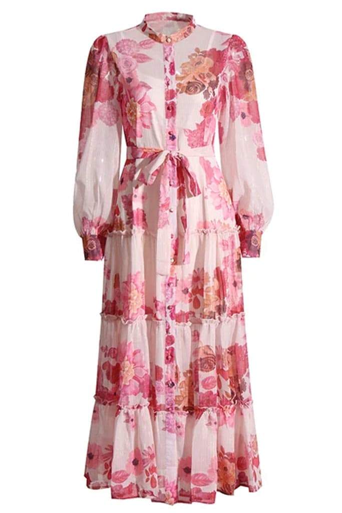 Shimmer Floral Print Mandarin Collar Long Sleeve Tiered Maxi Dress