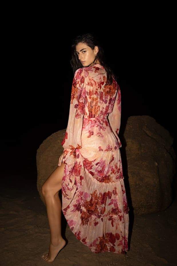 Shimmer Floral Print Mandarin Collar Long Sleeve Tiered Maxi Dress