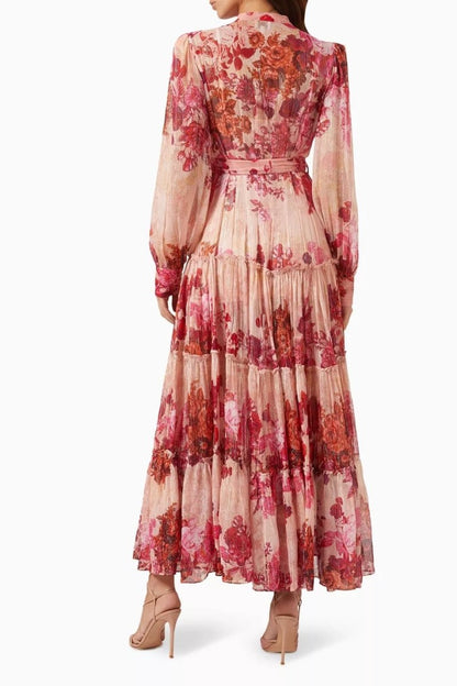 Shimmer Floral Print Mandarin Collar Long Sleeve Tiered Maxi Dress