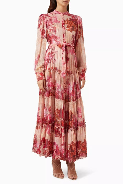 Shimmer Floral Print Mandarin Collar Long Sleeve Tiered Maxi Dress