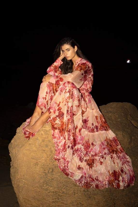 Shimmer Floral Print Mandarin Collar Long Sleeve Tiered Maxi Dress