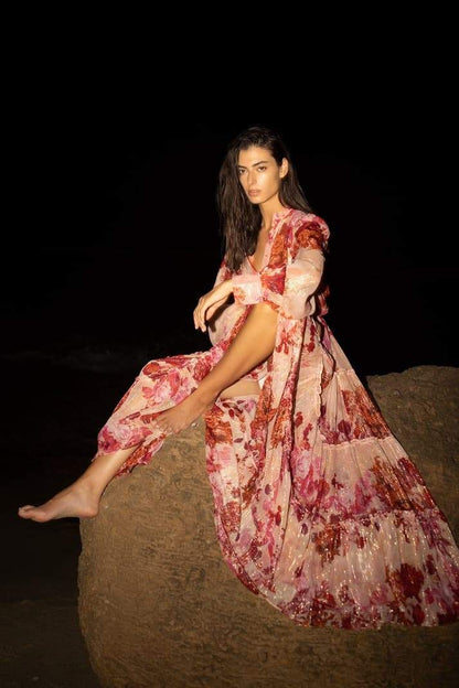 Shimmer Floral Print Mandarin Collar Long Sleeve Tiered Maxi Dress