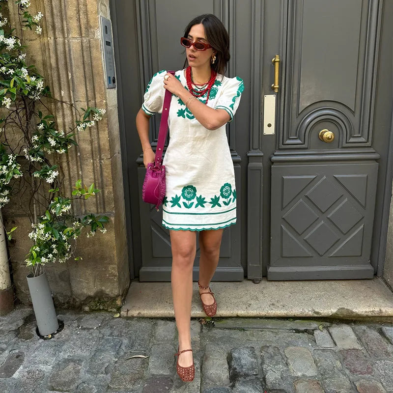 Floral Embroidery Puff Sleeve Scalloped Hem Mini Dress