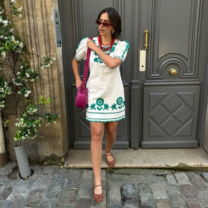 Floral Embroidery Puff Sleeve Scalloped Hem Mini Dress