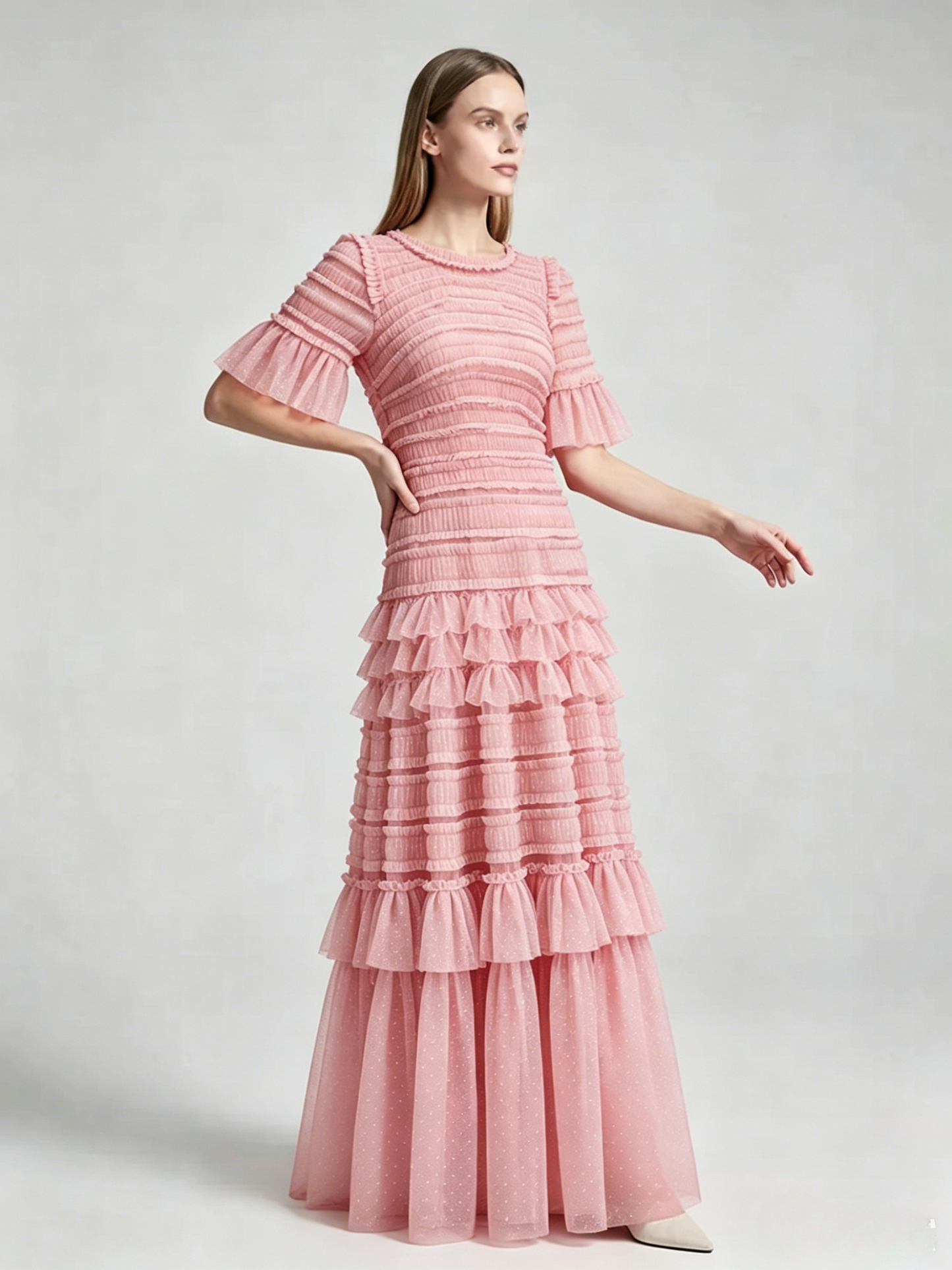 Date Night Dresses Maxi Layered Pleated Short Sleeves Jewel Neck Elegant Pink Dress