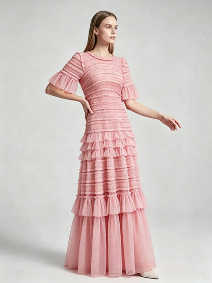 Date Night Dresses Maxi Layered Pleated Short Sleeves Jewel Neck Elegant Pink Dress