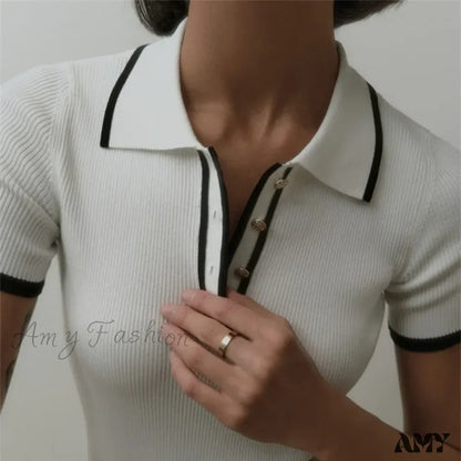 Talenza Women's Knitted Pullover Fashion Short Sleeve Patchwork Elegant Slim Sweater