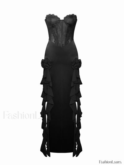 Talia Black Satin Charming Lace Corset Maxi Dress