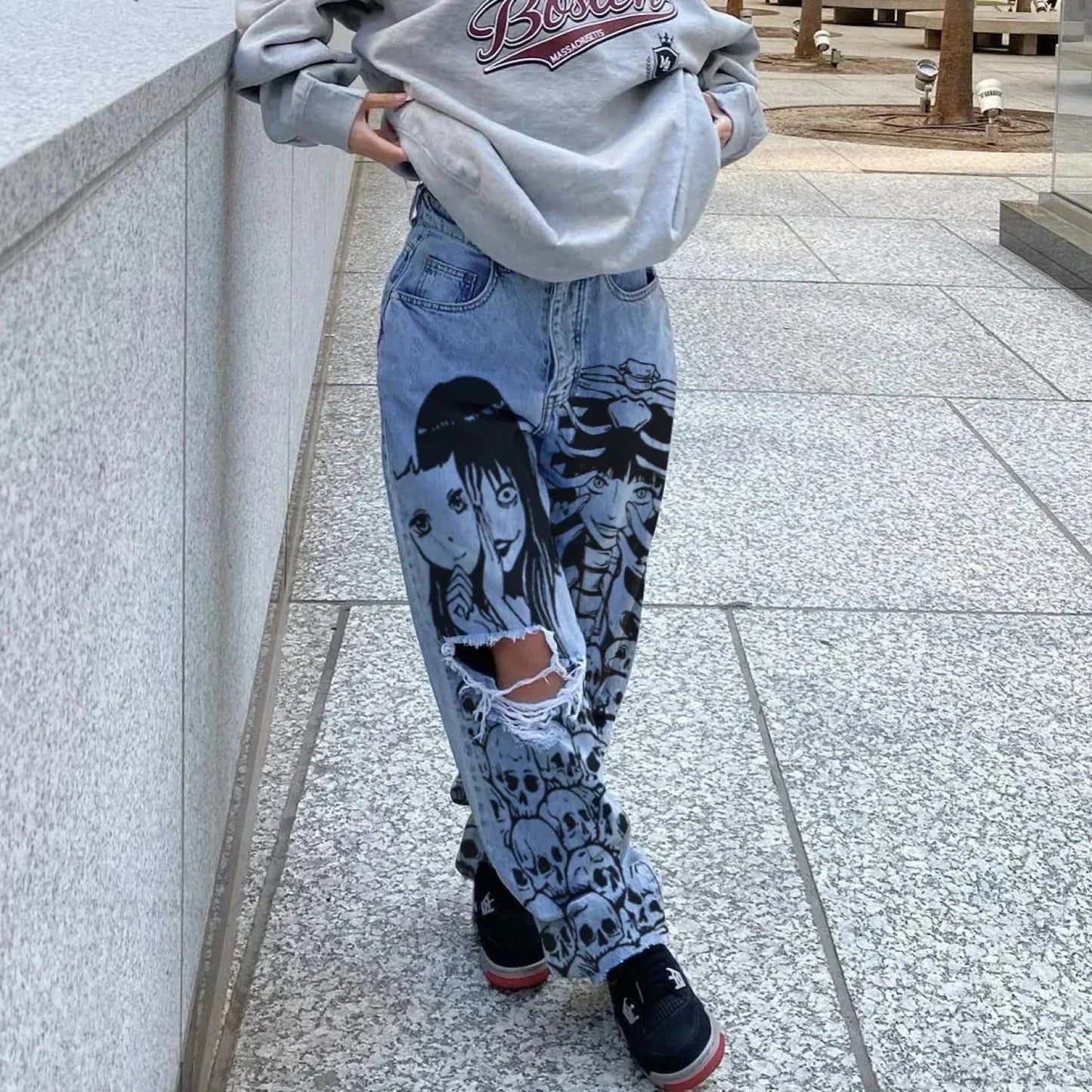 Tall Waist Torn Dark Denim Pant