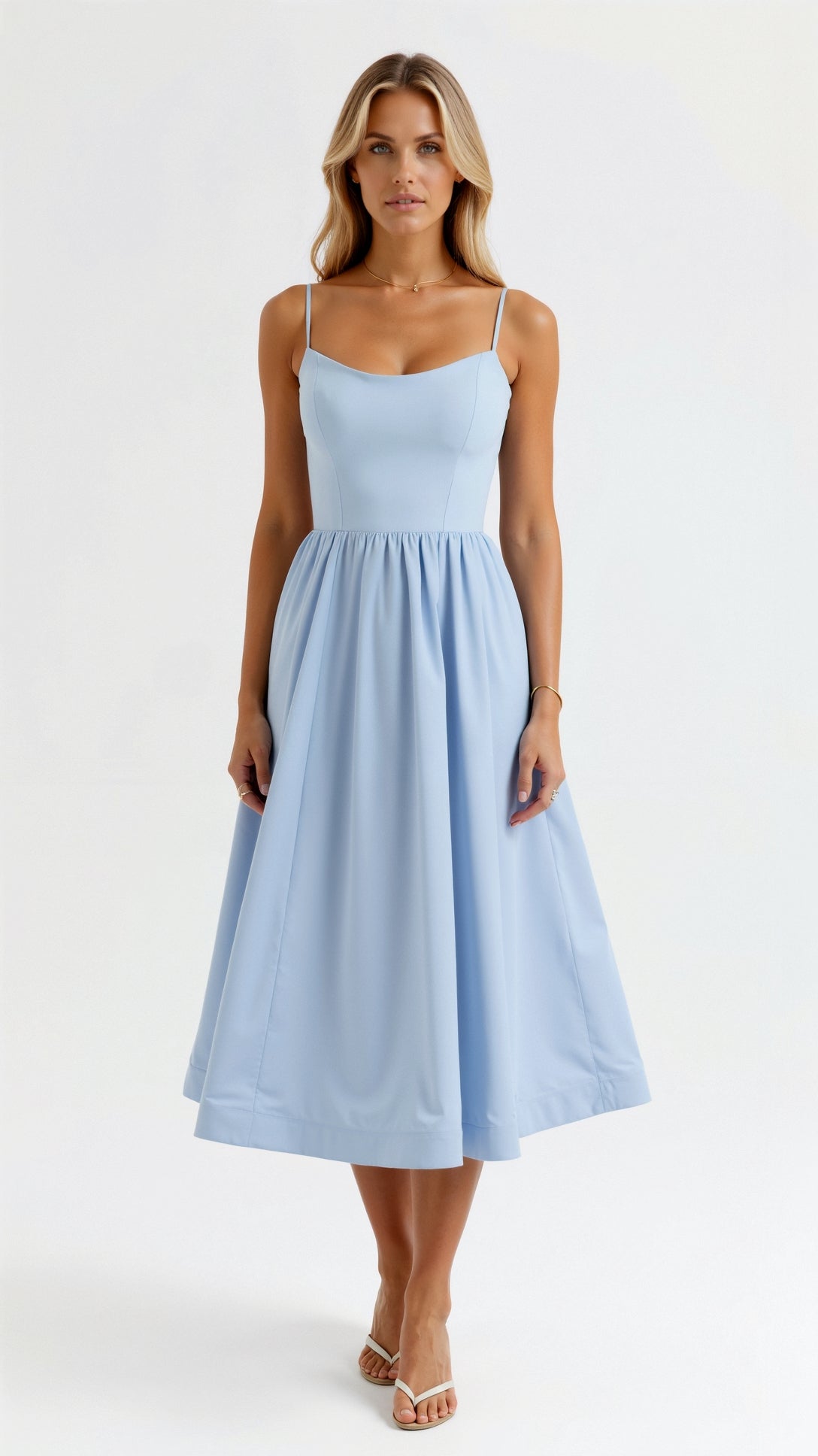 | Strappy Midi Dress, Fitted Bodice, Flowing Skirt