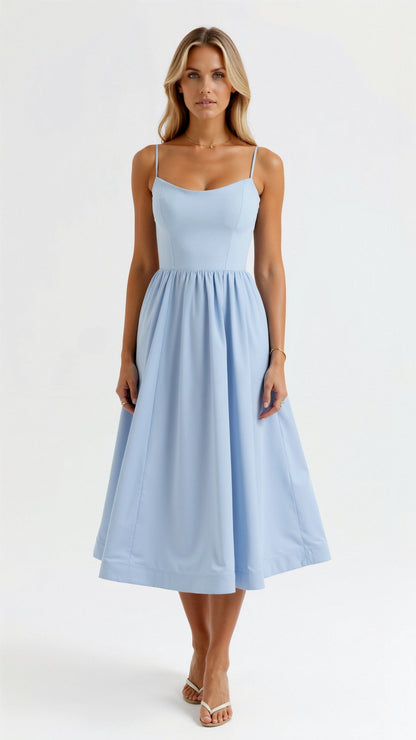 | Strappy Midi Dress, Fitted Bodice, Flowing Skirt