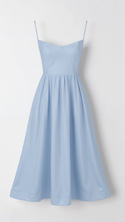 | Strappy Midi Dress, Fitted Bodice, Flowing Skirt