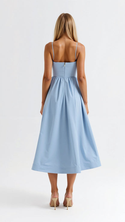 | Strappy Midi Dress, Fitted Bodice, Flowing Skirt