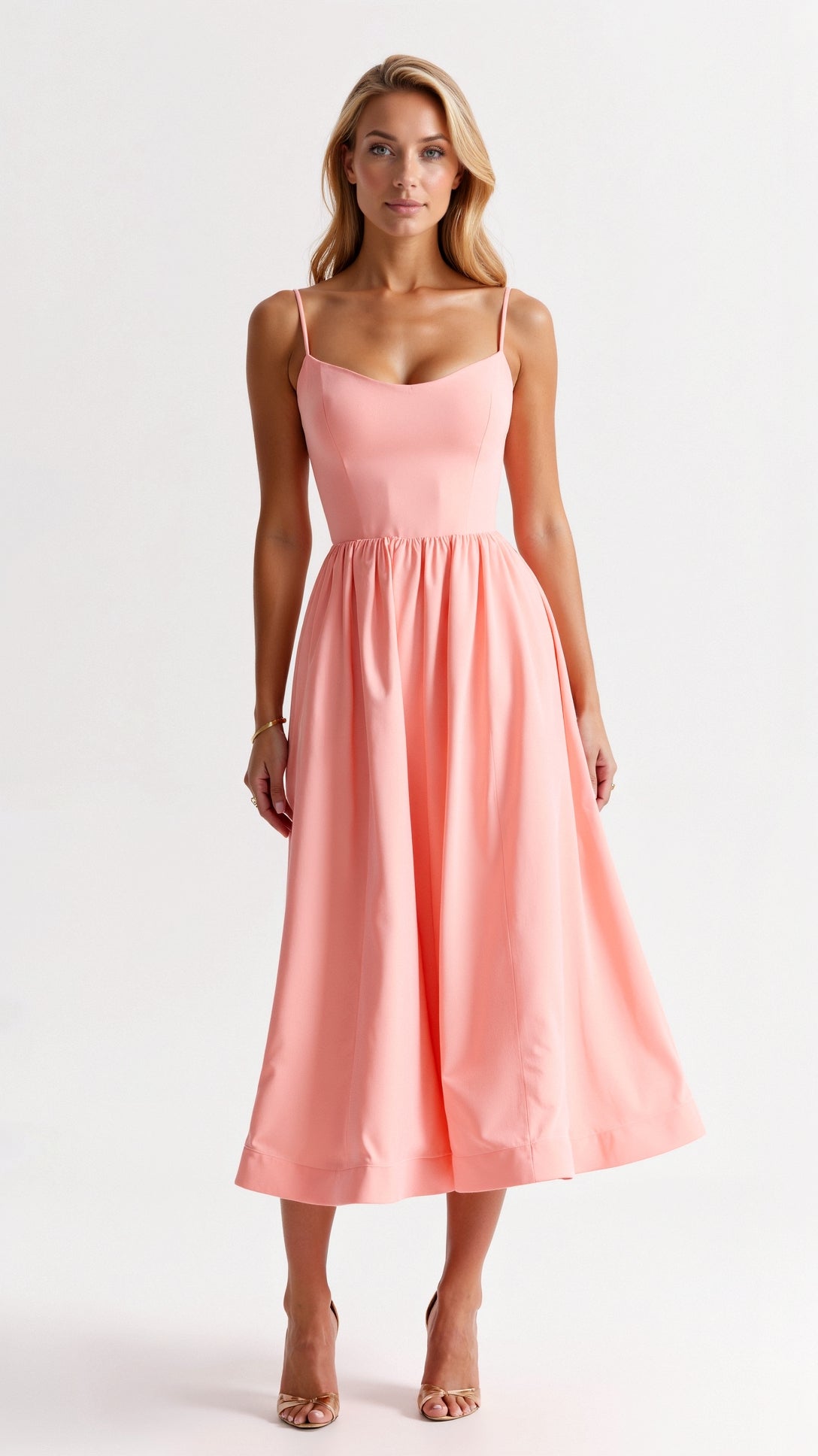 | Strappy Midi Dress, Fitted Bodice, Flowing Skirt