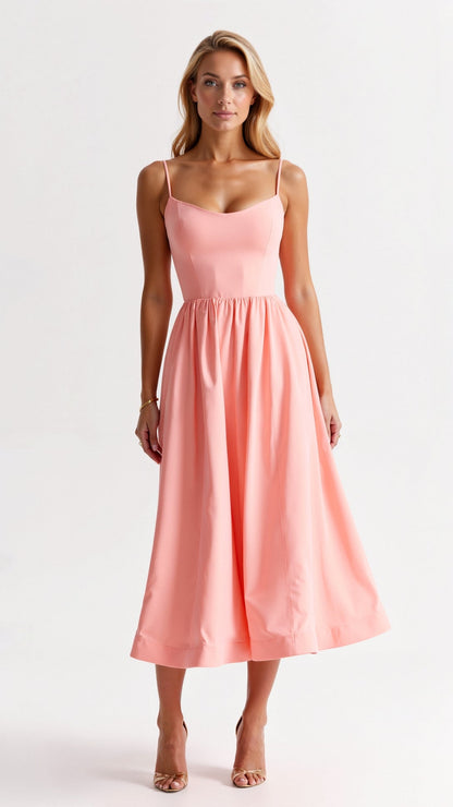 | Strappy Midi Dress, Fitted Bodice, Flowing Skirt
