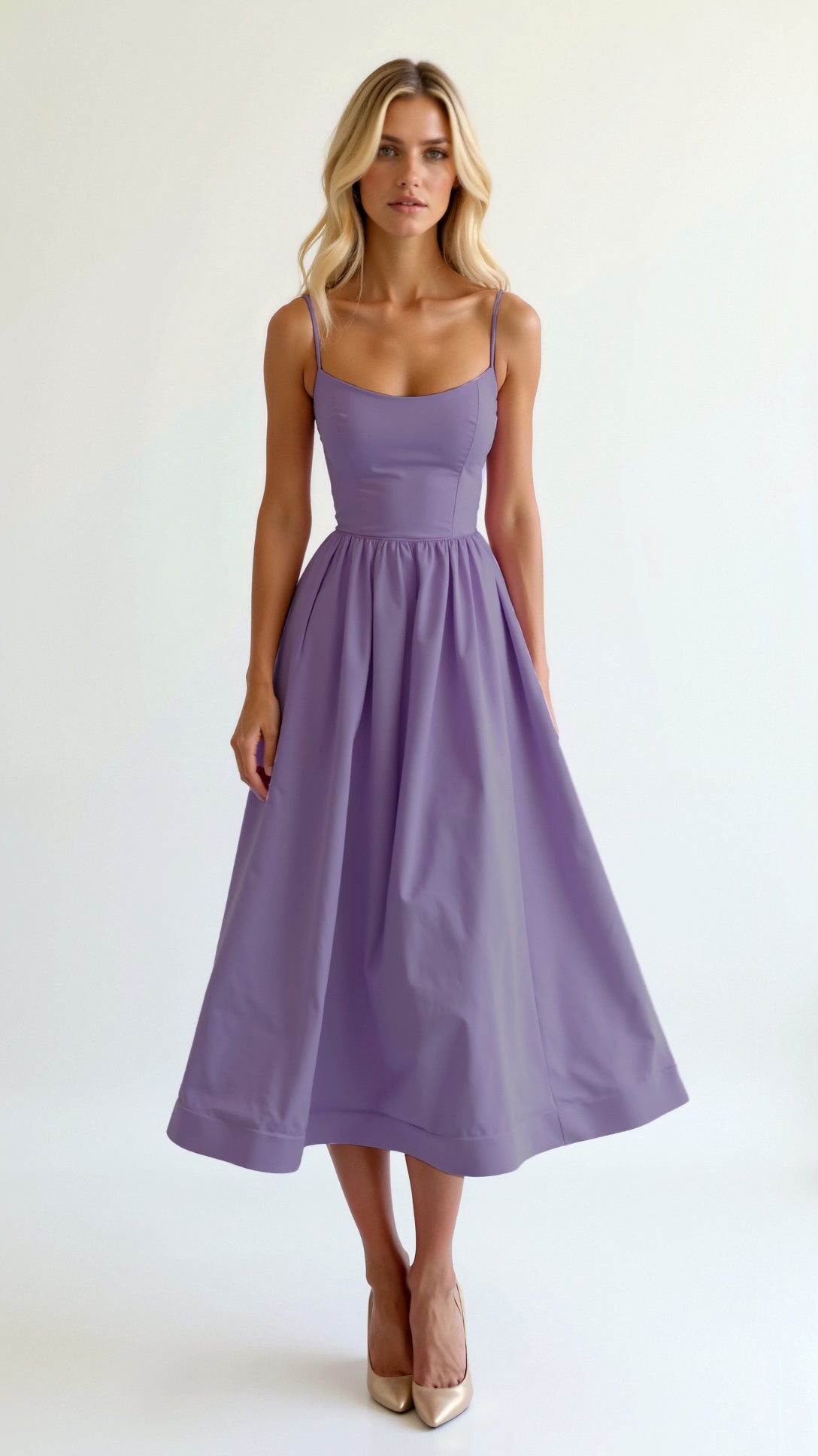 | Strappy Midi Dress, Fitted Bodice, Flowing Skirt