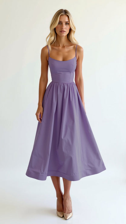 | Strappy Midi Dress, Fitted Bodice, Flowing Skirt