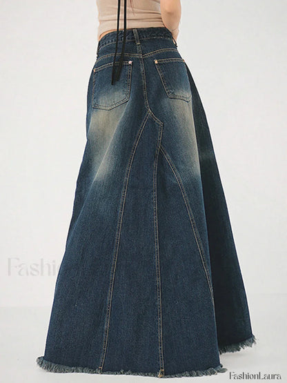 Tassels Hem Graceful Long Denim Skirt