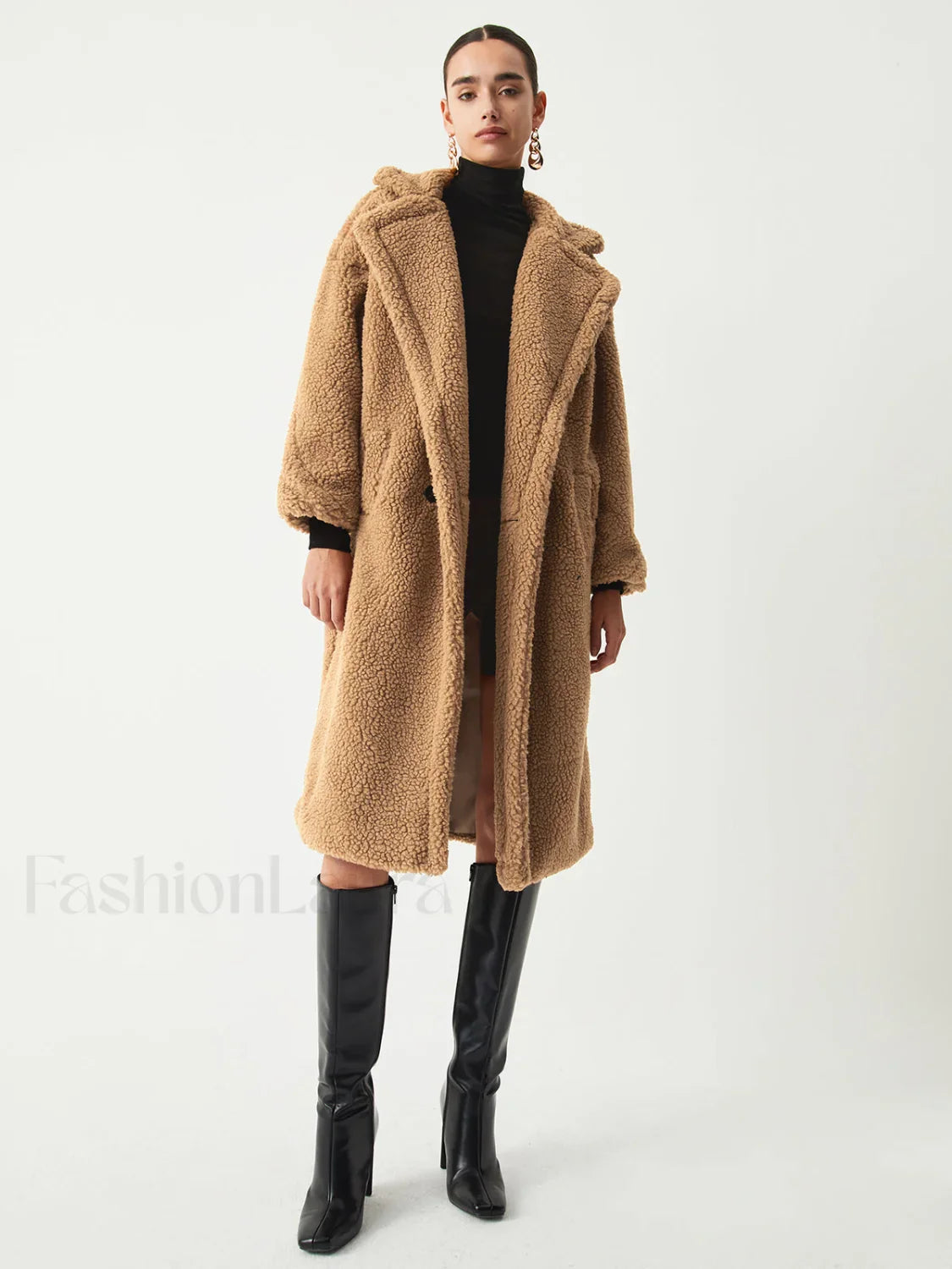 Terracotta Double Pockets Trendy Flurry Longline Fleece Jacket