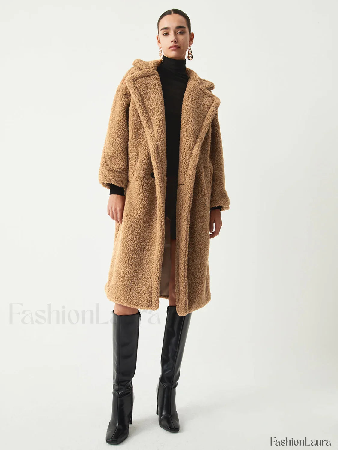 Terracotta Double Pockets Trendy Flurry Longline Fleece Jacket