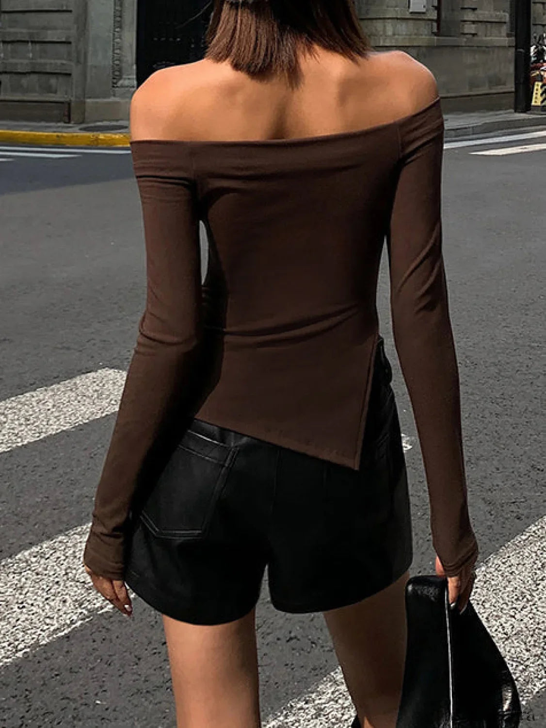 Terracotta Off Shoulder Trendy Long Sleeve Shirt