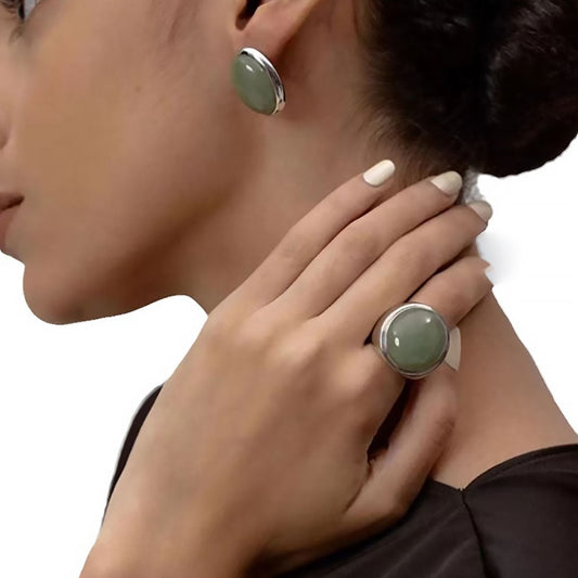 THE HOURS Emerald Jade Rhodium Plated Stud Earrings