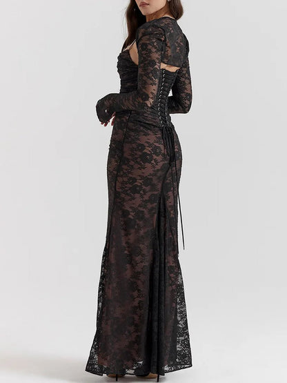 Floral Lace Sweetheart Spaghetti Strap Ruched Detached Sleeve Column Maxi Gown