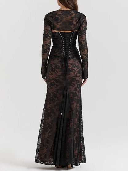 Floral Lace Sweetheart Spaghetti Strap Ruched Detached Sleeve Column Maxi Gown
