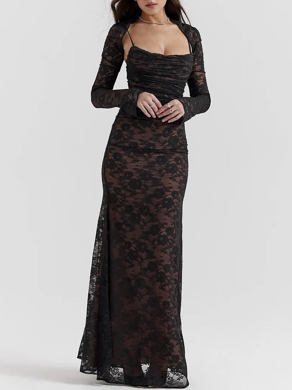 Floral Lace Sweetheart Spaghetti Strap Ruched Detached Sleeve Column Maxi Gown