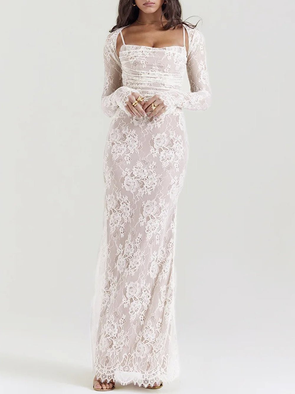 Floral Lace Sweetheart Spaghetti Strap Ruched Detached Sleeve Column Maxi Gown