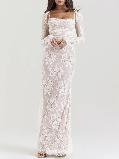 Floral Lace Sweetheart Spaghetti Strap Ruched Detached Sleeve Column Maxi Gown