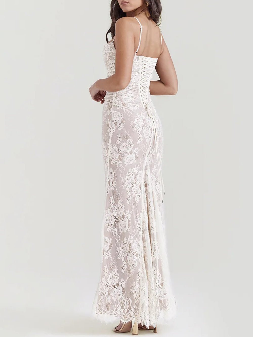 Floral Lace Sweetheart Spaghetti Strap Ruched Detached Sleeve Column Maxi Gown