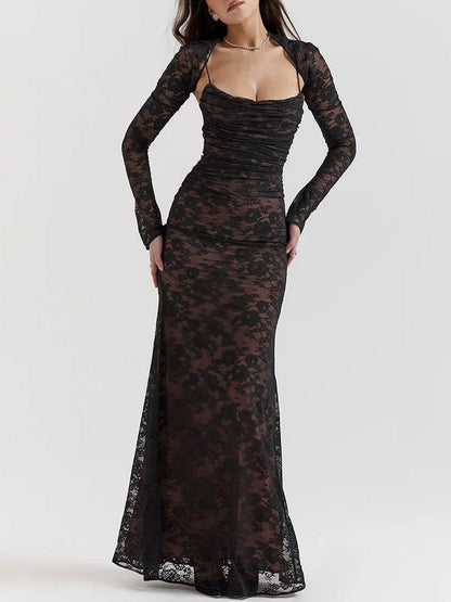 Floral Lace Sweetheart Spaghetti Strap Ruched Detached Sleeve Column Maxi Gown