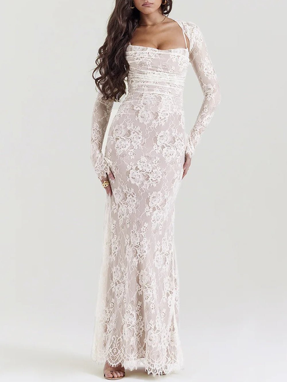 Floral Lace Sweetheart Spaghetti Strap Ruched Detached Sleeve Column Maxi Gown