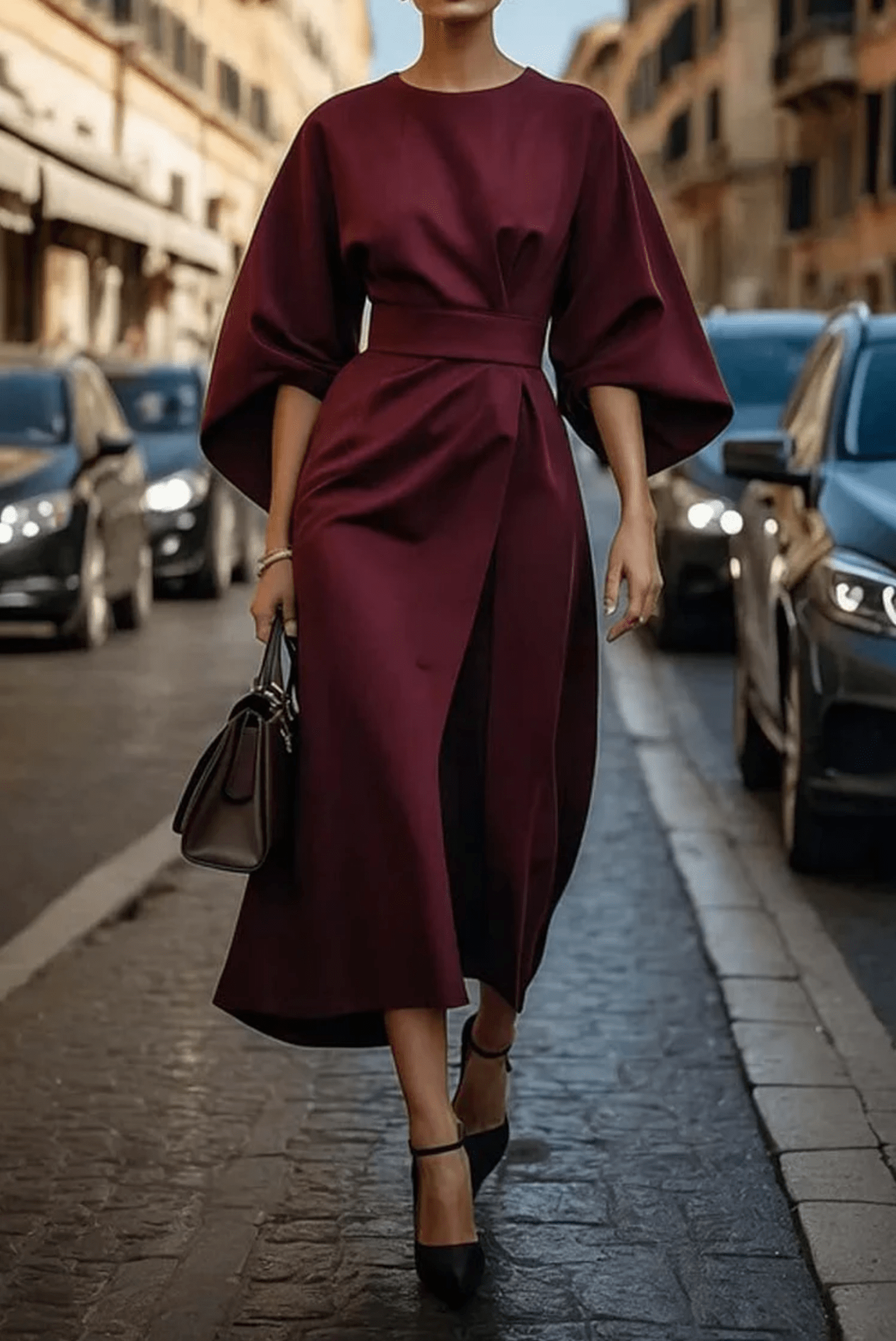 High Neck Butterfly Sleeve Belted Wrap Asymmetric Hem Midi Dress