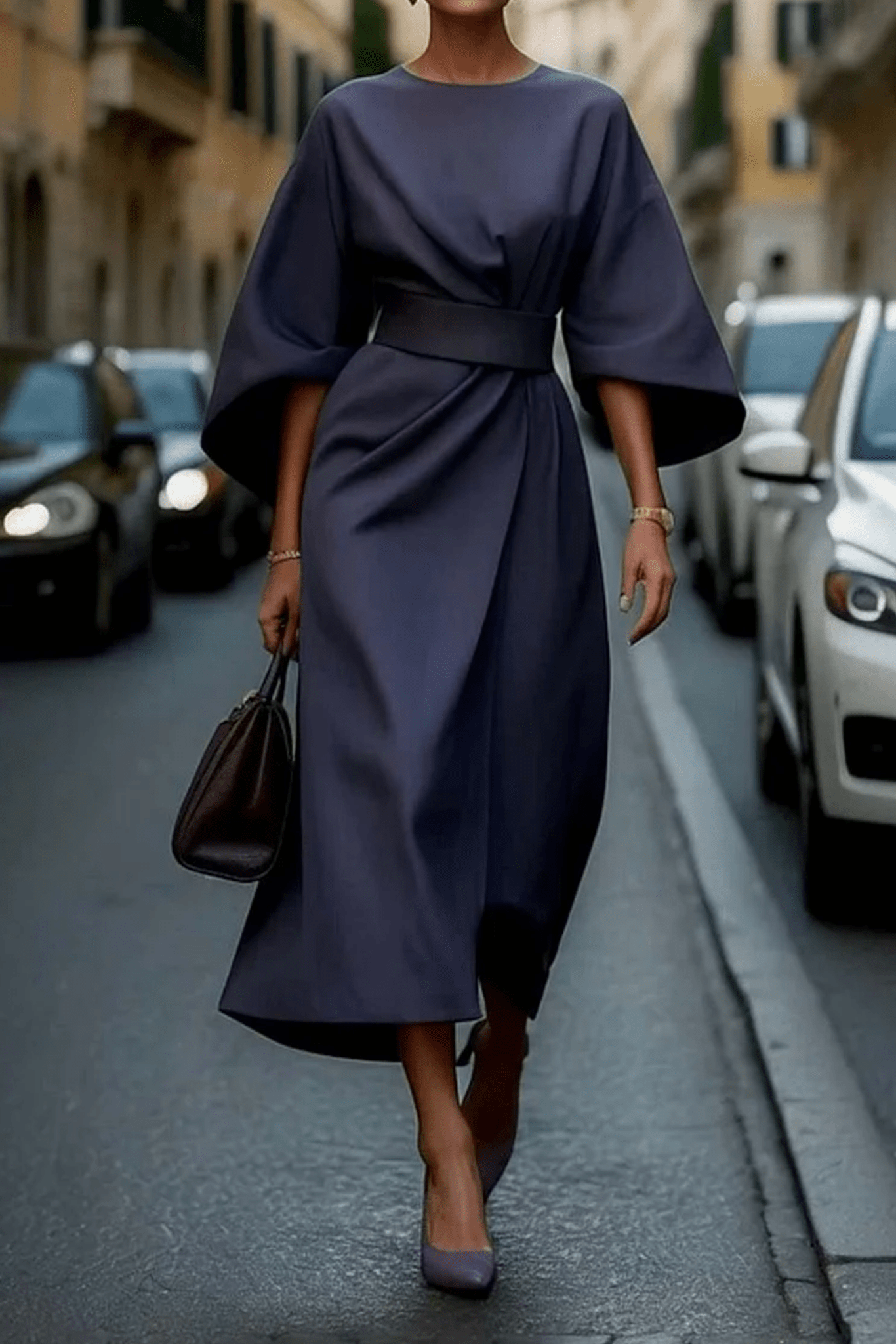 High Neck Butterfly Sleeve Belted Wrap Asymmetric Hem Midi Dress