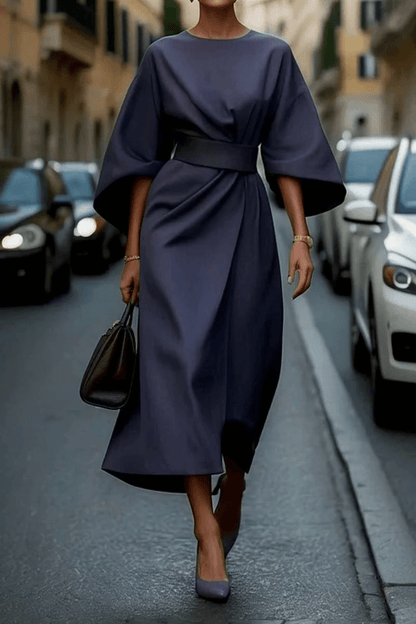High Neck Butterfly Sleeve Belted Wrap Asymmetric Hem Midi Dress