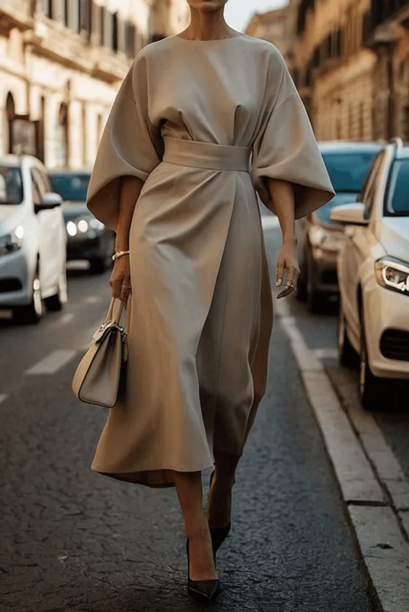 High Neck Butterfly Sleeve Belted Wrap Asymmetric Hem Midi Dress