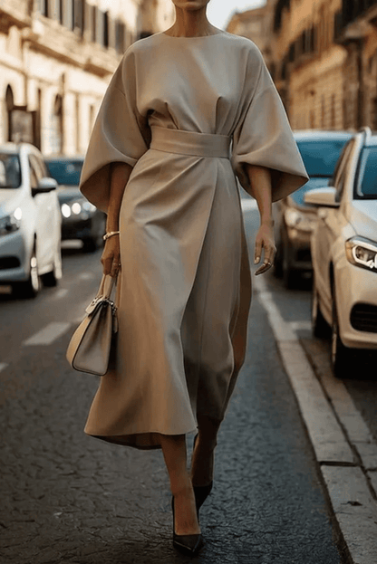 High Neck Butterfly Sleeve Belted Wrap Asymmetric Hem Midi Dress