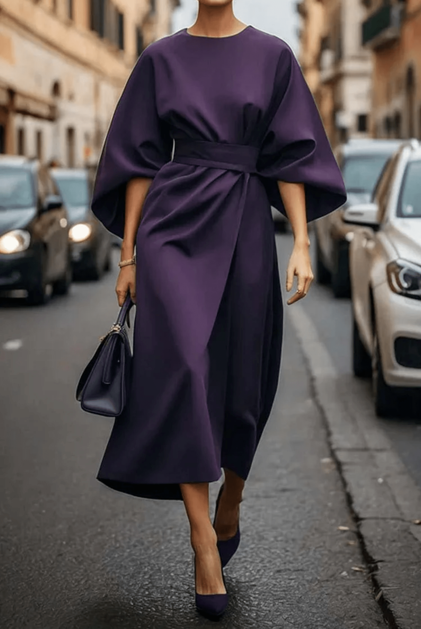High Neck Butterfly Sleeve Belted Wrap Asymmetric Hem Midi Dress