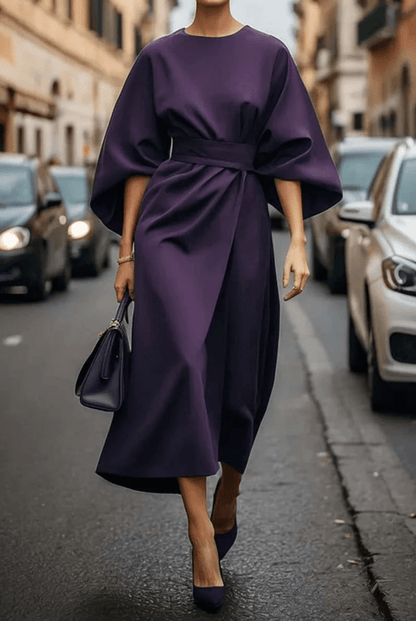 High Neck Butterfly Sleeve Belted Wrap Asymmetric Hem Midi Dress