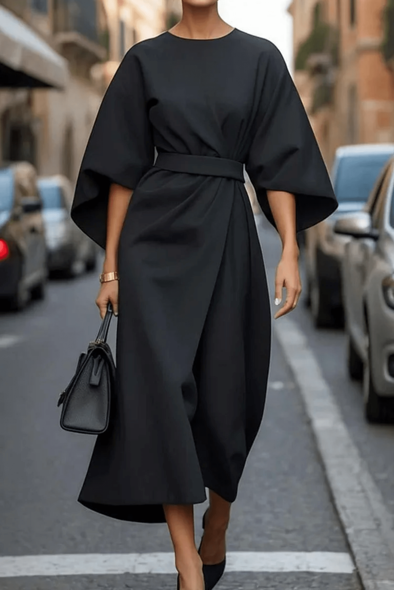 High Neck Butterfly Sleeve Belted Wrap Asymmetric Hem Midi Dress