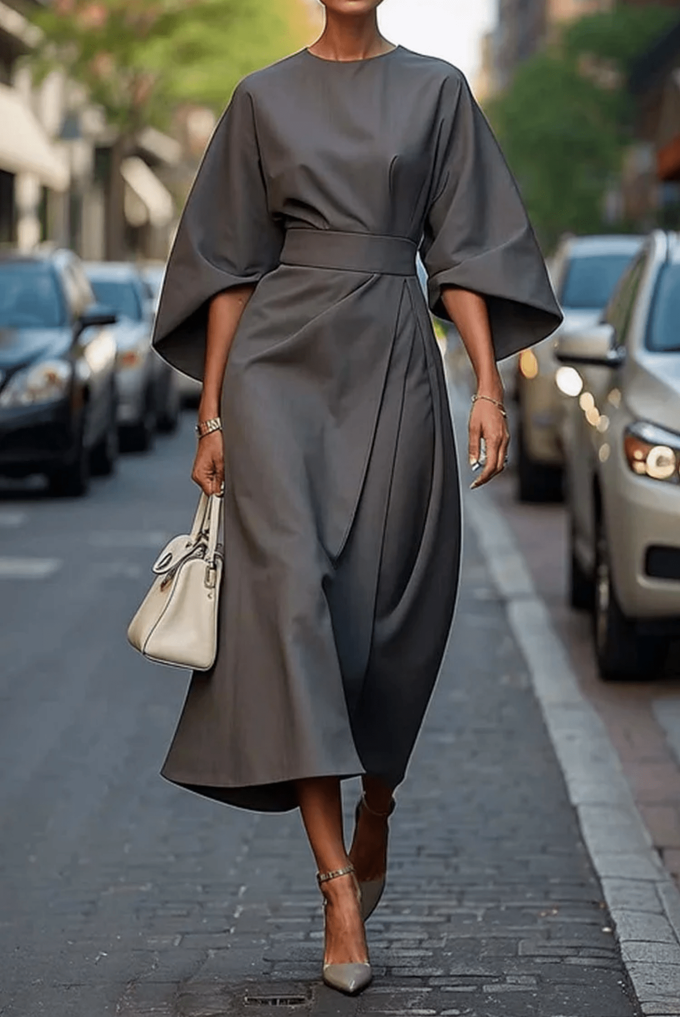 High Neck Butterfly Sleeve Belted Wrap Asymmetric Hem Midi Dress