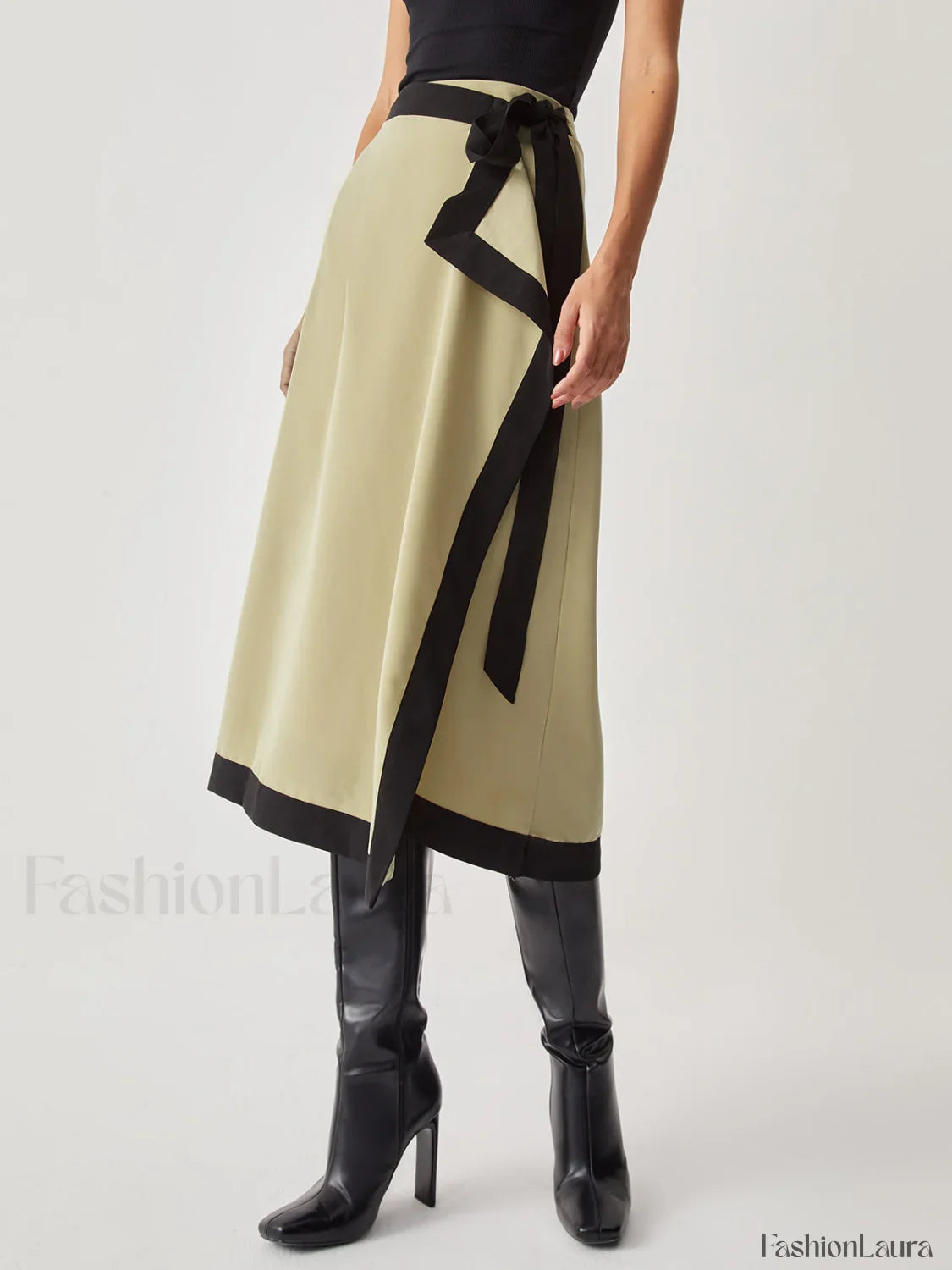 Tie Front Contrast Trendy Trim Midi Skirt