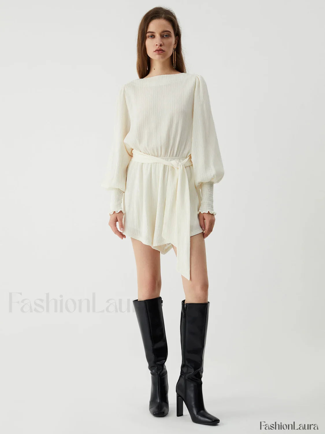 Tie Front Cowl Back Modern Long Sleeve Short Dress