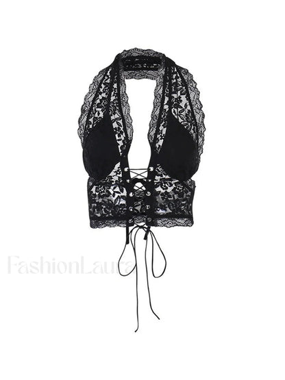 Tie Front Lace Halter Tank Top